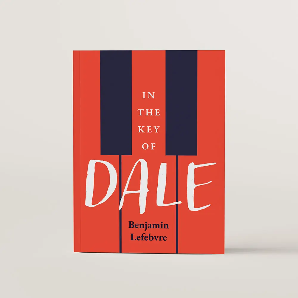 Book cover of In the Key of Dale by Benjamin Lefebvre. The cover has 3 red piano keys and 2 purple sharp/flat keys illustrated in a graphic style. 
