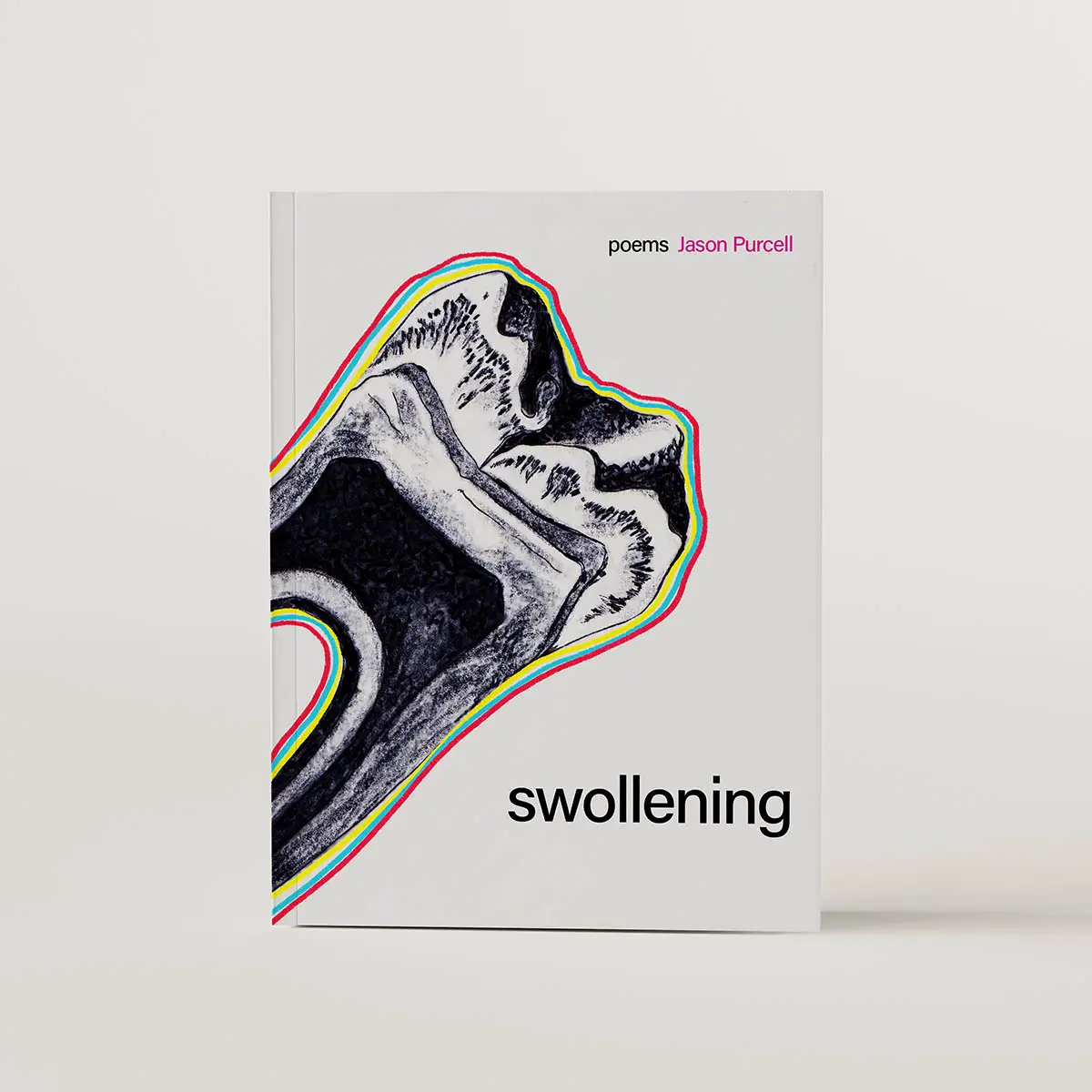 Swollening cover concept with a tooth bisection drawn in black and white and outlined in a few neon colours. 