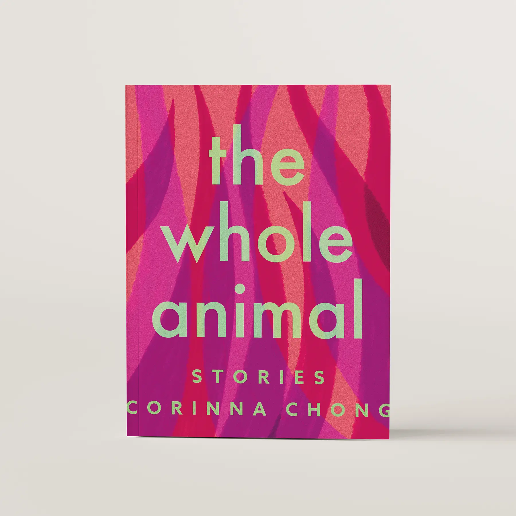 The Whole Animal book cover concept featuring magenta tapered stripes like thick animal hairs in the background. 