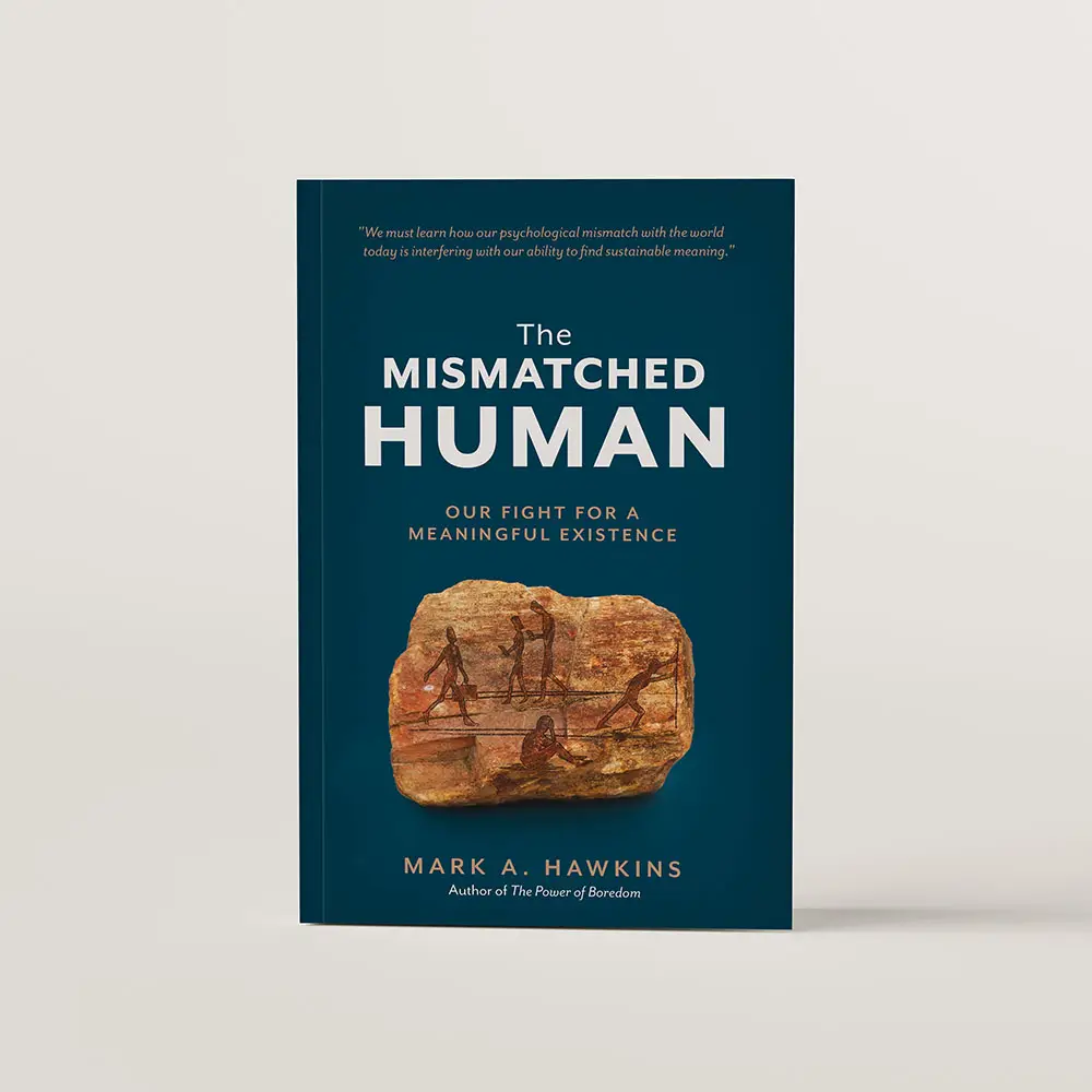 The Mismatched Human book cover design featuring an old rock with cave paintings in the middle of the cover but the drawings are of modern tech and people.