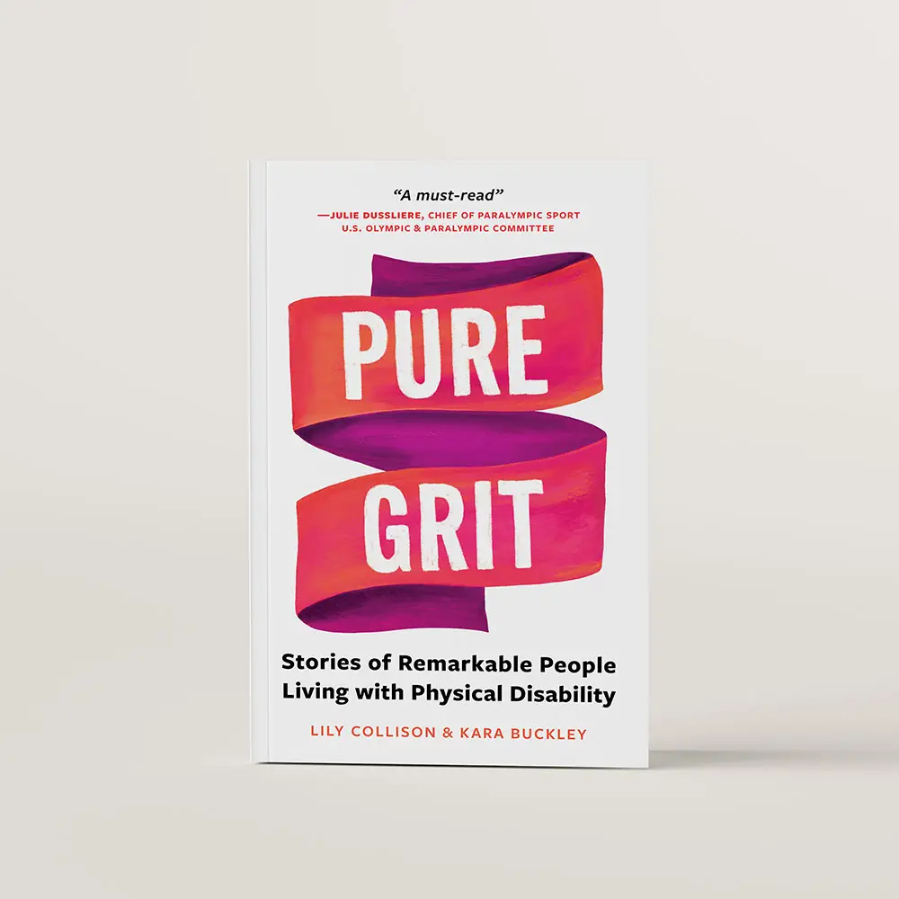 Book cover design of Pure Grit. The title is hand illustrated in white on top of a purple pink ribbon. 