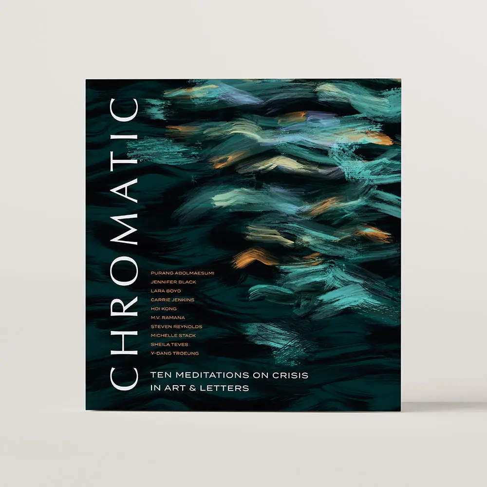 Book cover design of Chromatic. The cover features refracted rouch light illustrated on top of a body of water with flecks of warm light that are foiled in copper.
