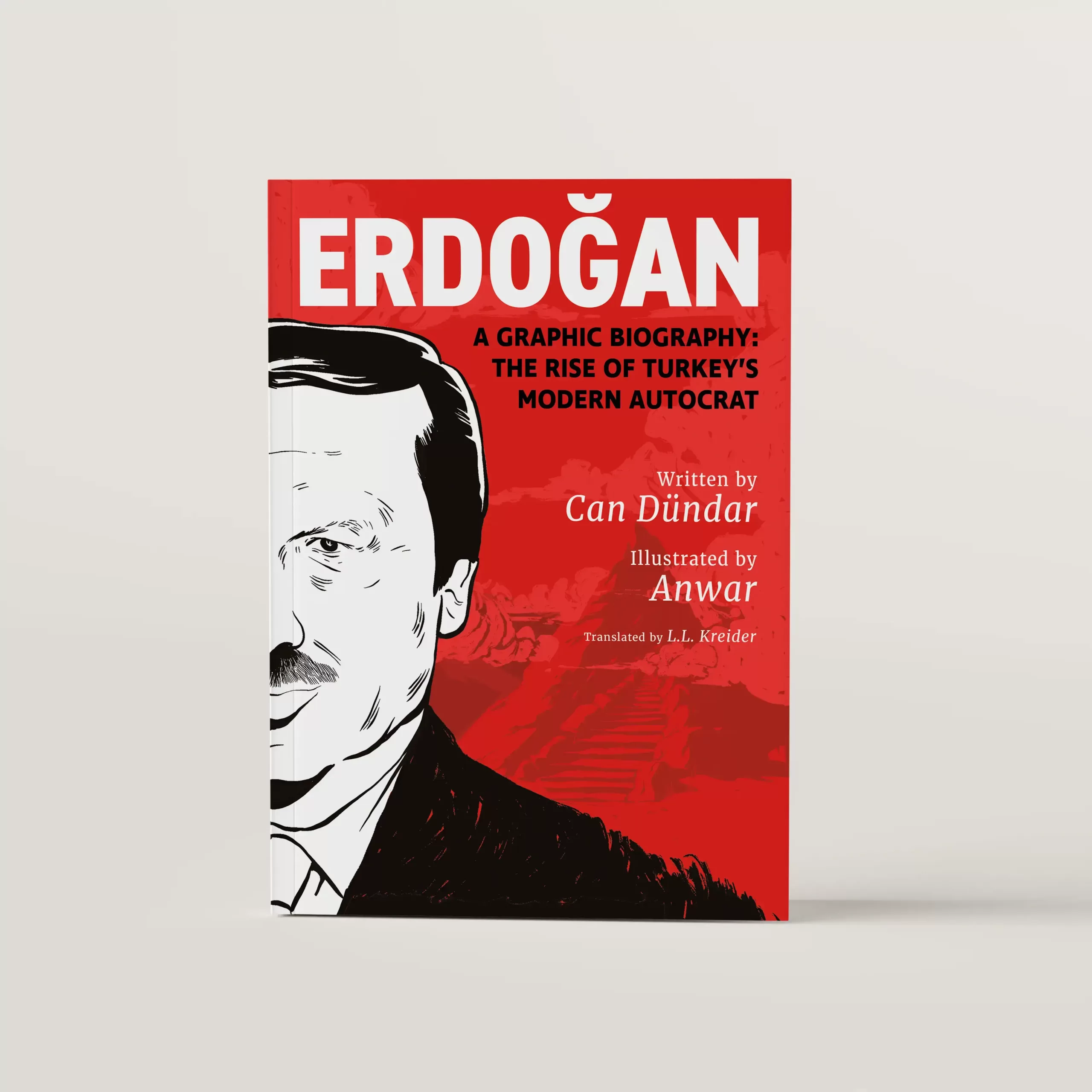 Book Cover Erdoğan, a graphic history, featuring a black and white drawing of Recep Tayyip Erdoğan by Anwar