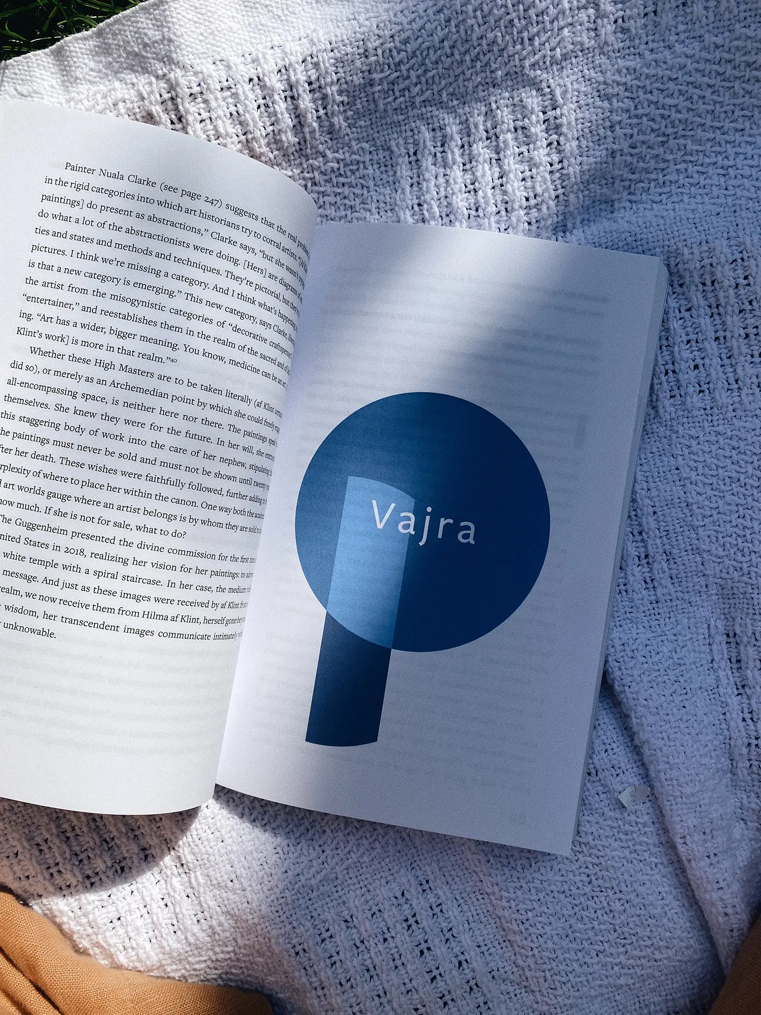 A photo of a section opening page of the full color book design for the book Look Again. It shows a blue circle motif representing one of the buddha families for wayfinding in that section.