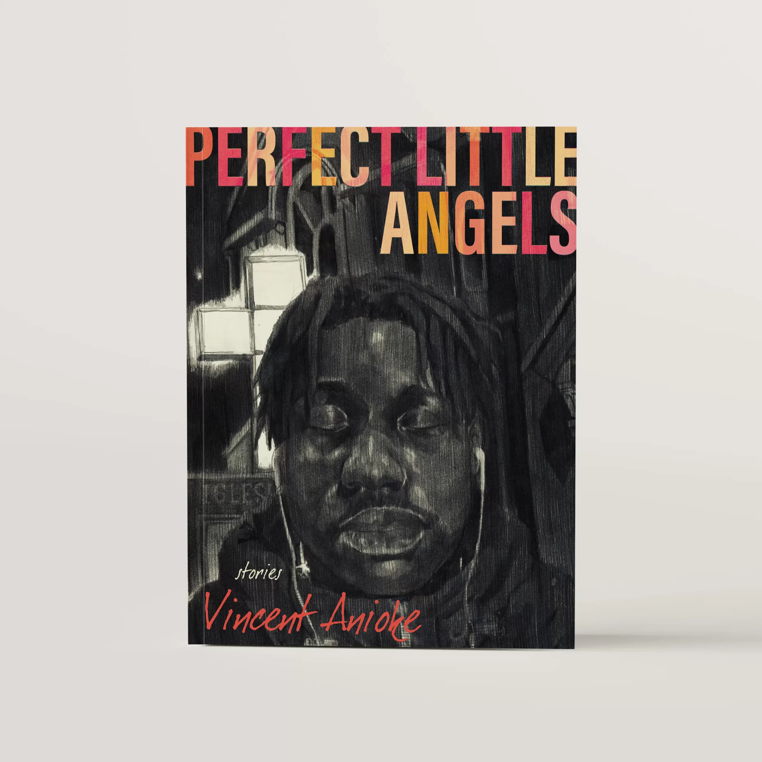 book cover for the book of short stories Perfect Little Angels by Vincent Anioke. It features an illustration of a Black man close up with headphones in and his eyes cast downward. There is a lit up cross behind him. The illustration is graphite on toned paper by Julian Adon Alexander.
