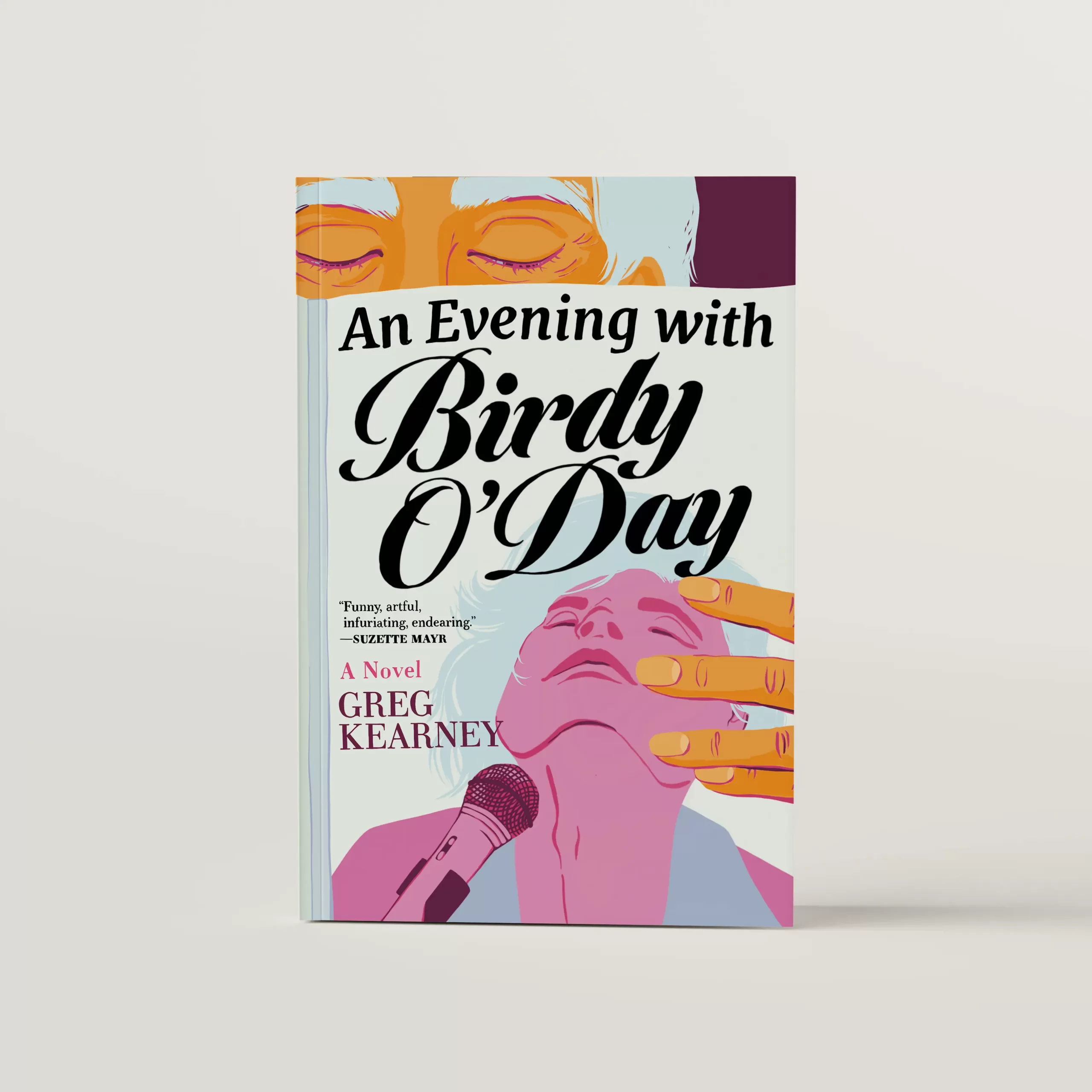 book cover for fiction book, An Evening with Birdy O'Day by Greg Kearney featuring an illustration of an older person reading a magazine. The books title is the front cover of the magazine.