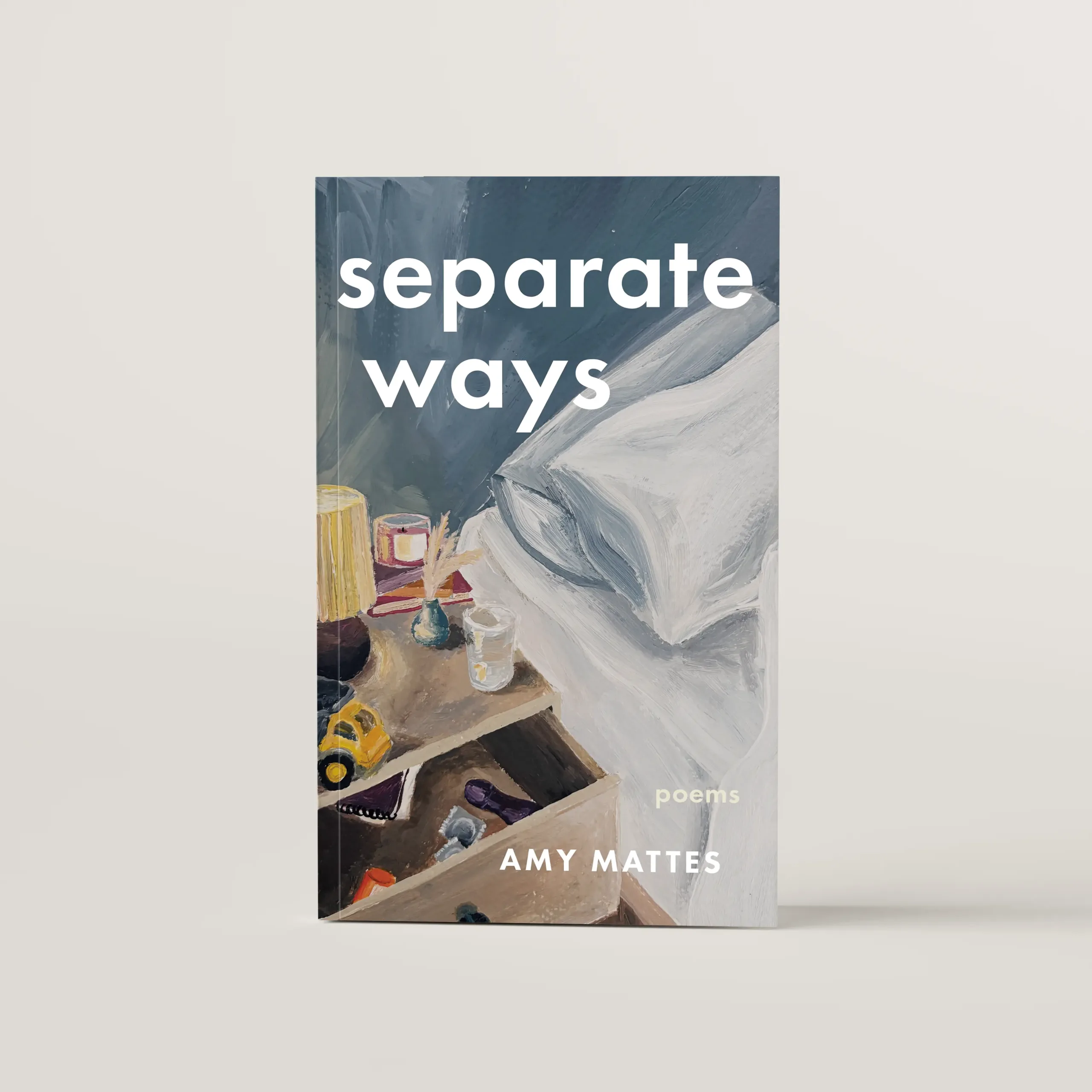Separate ways cover featuring a painting of a nightstand on the cover, rendered in acrylic paint.