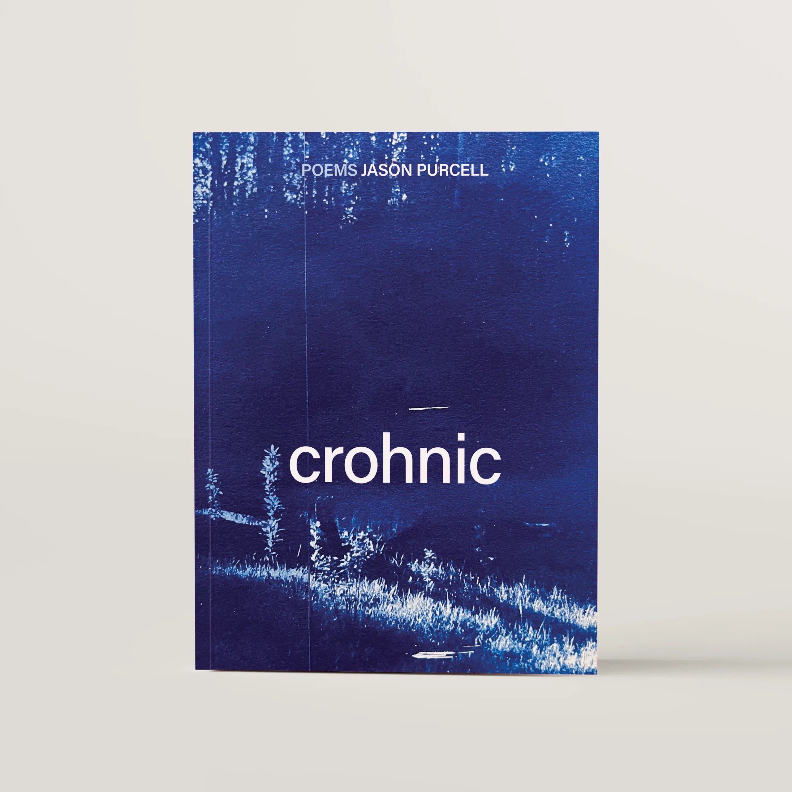 crohnic book design featuring a cyanotype image of a forest by Mathew Thomson