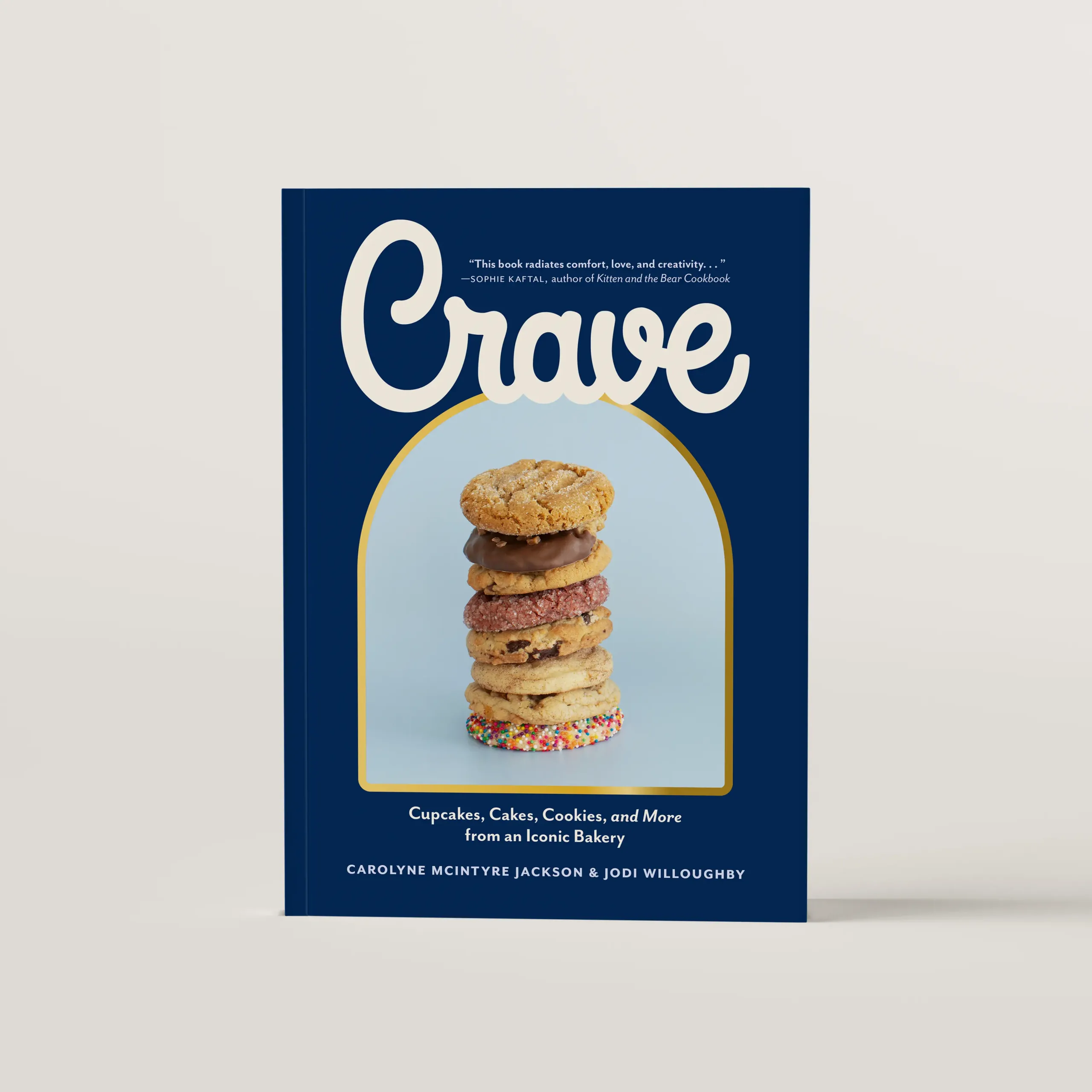 Crave cookbook cover design featuring a photo of a stack of cookies