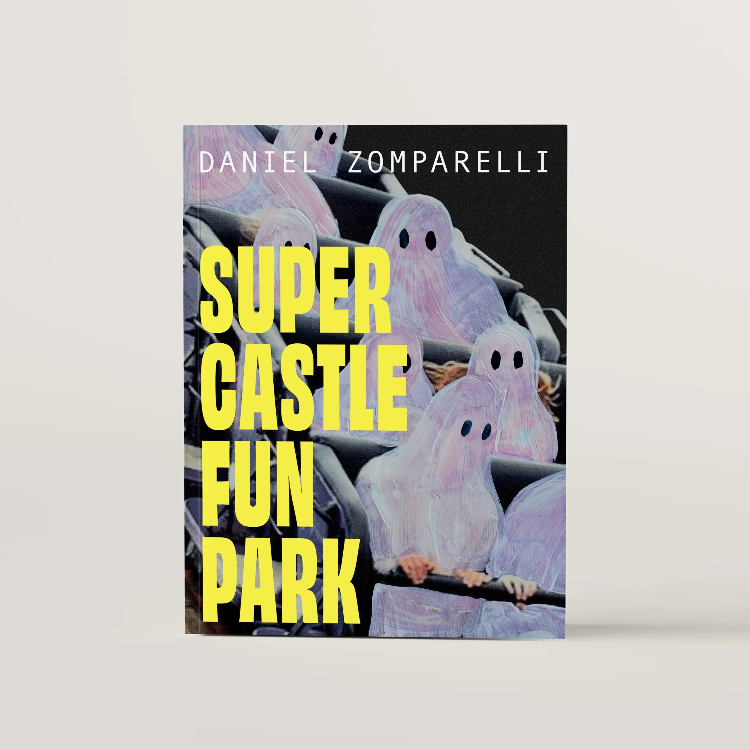 Cover design for Super Castle Fun Park featuring a neon yellow title and hand painted ghosts riding a rollercoaster.