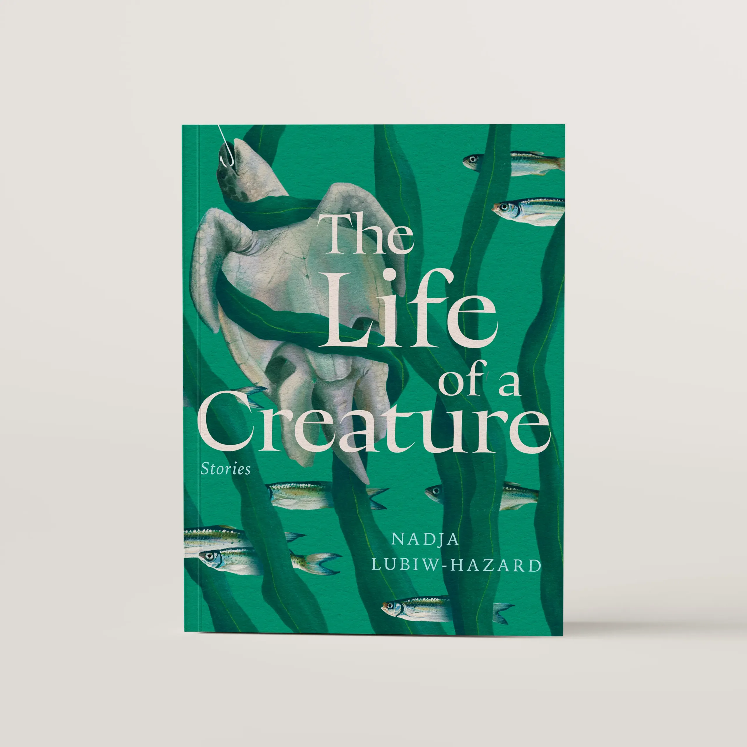 Book cover design of Life of a Creature, featuring a dead turtle caught in plants underwater on a hook, and surrounded by fish, drawn on the ipad in procreate.